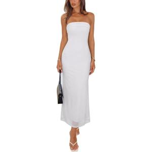 image:imageREORIA Womens 2026 Summer Floral Mesh Strapless Midi Dress Backless Beach Wedding Guest Cocktail Party DressesWhite