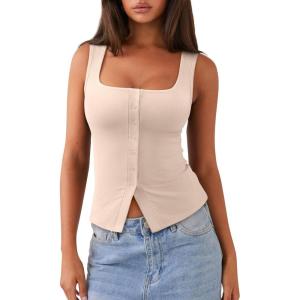 image:imageREORIA Womens Sexy Ribbed Button Down Square Neck Tank Tops Trendy Y2K 2026 Summer Sleeveless Going Out Vest Crop TopsApricot