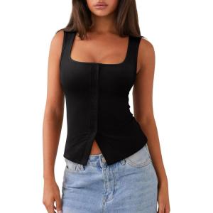 image:imageREORIA Womens Sexy Ribbed Button Down Square Neck Tank Tops Trendy Y2K 2026 Summer Sleeveless Going Out Vest Crop TopsBlack