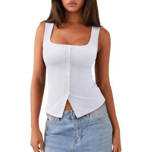 image:imageREORIA Womens Sexy Ribbed Button Down Square Neck Tank Tops Trendy Y2K 2026 Summer Sleeveless Going Out Vest Crop TopsWhite