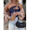 image:imageREORIA Womens Sexy One Shoulder Asymmetrical Leopard Print Mesh Ruched Backless Going Out Bodysuits TopsNavy Blue