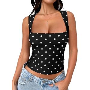 image:imageREORIA Butsmooth Womens Square Neck Going Out Crop Tops Double Lined Cute Basic Tank Tops 2026 ClothesBlack With White Polka Dots
