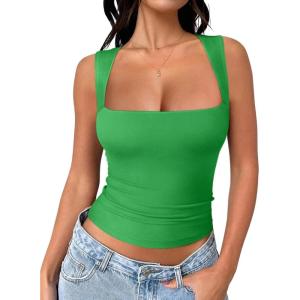 image:imageREORIA Butsmooth Womens Square Neck Going Out Crop Tops Double Lined Cute Basic Tank Tops 2026 ClothesGreen