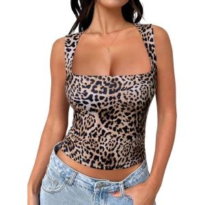 image:imageREORIA Butsmooth Womens Square Neck Going Out Crop Tops Double Lined Cute Basic Tank Tops 2026 ClothesLeopard Print