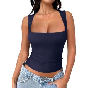 image:imageREORIA Butsmooth Womens Square Neck Going Out Crop Tops Double Lined Cute Basic Tank Tops 2026 ClothesNavy Blue