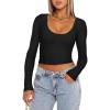 image:imageREORIA Womens Casual Scoop Neck Double Lined Long Sleeve Slim Fitted Tshirts Y2K Workout Crop TopsBlack