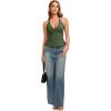 image:imageREORIA Womens Adjustable Halter Double Lined Tank Top Backless Sexy Going Out Y2K Slim Fit Side Split Camisole Crop TopDark Green