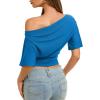 image:imageREORIA Womens Off The Shoulder Tops Dolman Sleeve Tee Shirts Banded Cinched Waist Casual Loose Summer Outfits 2026Blue