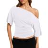 image:imageREORIA Womens Off The Shoulder Tops Dolman Sleeve Tee Shirts Banded Cinched Waist Casual Loose Summer Outfits 2026White