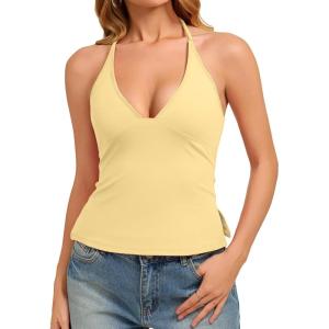 image:imageREORIA Womens Adjustable Halter Double Lined Tank Top Backless Sexy Going Out Y2K Slim Fit Side Split Camisole Crop TopPopcorn