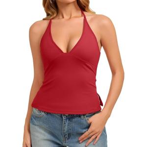 image:imageREORIA Womens Adjustable Halter Double Lined Tank Top Backless Sexy Going Out Y2K Slim Fit Side Split Camisole Crop TopRuby