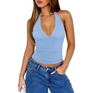 image:imageREORIA Womens Halter Tank Tops Double Lined Basic Cami Shirts Sexy Backless Y2K Trendy Going Out TopsAir Blue