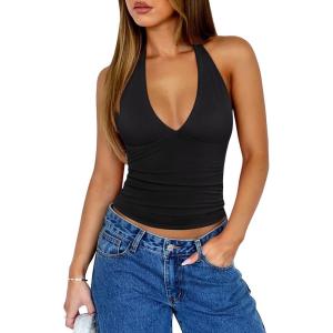 image:imageREORIA Womens Halter Tank Tops Double Lined Basic Cami Shirts Sexy Backless Y2K Trendy Going Out TopsBlack Onyx