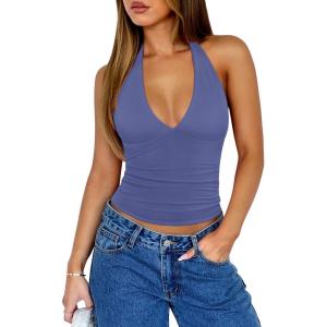 image:imageREORIA Womens Halter Tank Tops Double Lined Basic Cami Shirts Sexy Backless Y2K Trendy Going Out TopsBlue