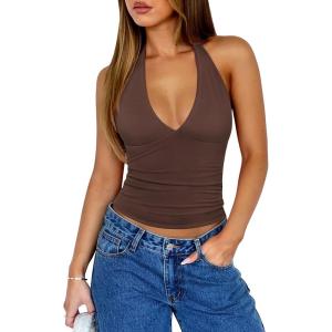 image:imageREORIA Womens Halter Tank Tops Double Lined Basic Cami Shirts Sexy Backless Y2K Trendy Going Out TopsChocolate