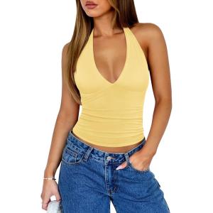 image:imageREORIA Womens Halter Tank Tops Double Lined Basic Cami Shirts Sexy Backless Y2K Trendy Going Out TopsPopcorn