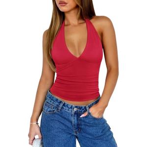 image:imageREORIA Womens Halter Tank Tops Double Lined Basic Cami Shirts Sexy Backless Y2K Trendy Going Out TopsRuby