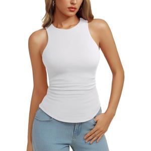 image:imageREORIA Womens High Neck Sleeveless Tank Tops Racerback Double Lined Basic Tops Summer Fitted Going Out TopsBrilliant White