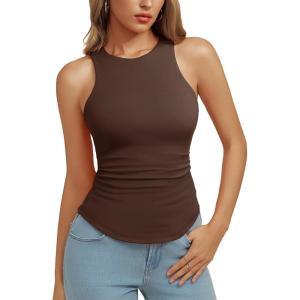 image:imageREORIA Womens High Neck Sleeveless Tank Tops Racerback Double Lined Basic Tops Summer Fitted Going Out TopsChocolate