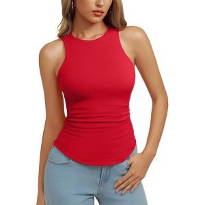 image:imageREORIA Womens High Neck Sleeveless Tank Tops Racerback Double Lined Basic Tops Summer Fitted Going Out TopsRuby