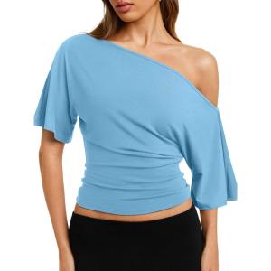 image:imageREORIA Womens Off The Shoulder Tops Dolman Sleeve Tee Shirts Banded Cinched Waist Casual Loose Summer Outfits 2026Baby Blue