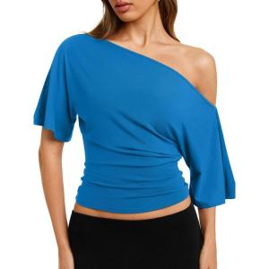 image:imageREORIA Womens Off The Shoulder Tops Dolman Sleeve Tee Shirts Banded Cinched Waist Casual Loose Summer Outfits 2026Blue