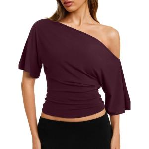 image:imageREORIA Womens Off The Shoulder Tops Dolman Sleeve Tee Shirts Banded Cinched Waist Casual Loose Summer Outfits 2026Burgundy