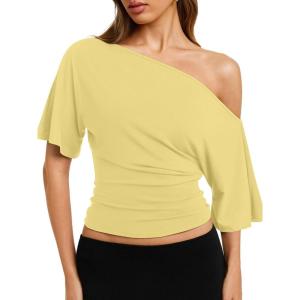 image:imageREORIA Womens Off The Shoulder Tops Dolman Sleeve Tee Shirts Banded Cinched Waist Casual Loose Summer Outfits 2026Butter Yellow