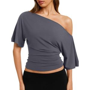 image:imageREORIA Womens Off The Shoulder Tops Dolman Sleeve Tee Shirts Banded Cinched Waist Casual Loose Summer Outfits 2026Gray