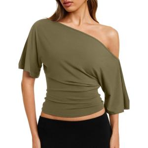 image:imageREORIA Womens Off The Shoulder Tops Dolman Sleeve Tee Shirts Banded Cinched Waist Casual Loose Summer Outfits 2026Olive
