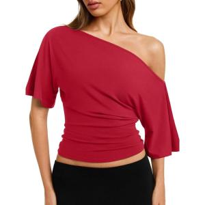 image:imageREORIA Womens Off The Shoulder Tops Dolman Sleeve Tee Shirts Banded Cinched Waist Casual Loose Summer Outfits 2026Red