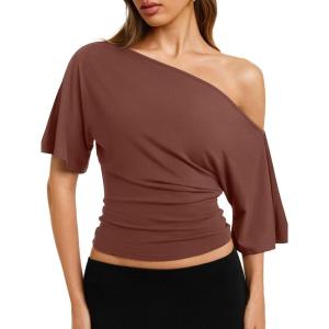 image:imageREORIA Womens Off The Shoulder Tops Dolman Sleeve Tee Shirts Banded Cinched Waist Casual Loose Summer Outfits 2026Rust