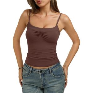image:imageREORIA Womens Sexy Square Neck Tank Tops Adjustable Cami Shirts Summer Basic Double Lined Y2K Trendy Going Out TopsCoffee