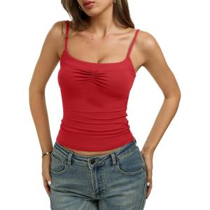 image:imageREORIA Womens Sexy Square Neck Tank Tops Adjustable Cami Shirts Summer Basic Double Lined Y2K Trendy Going Out TopsRed