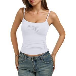 image:imageREORIA Womens Sexy Square Neck Tank Tops Adjustable Cami Shirts Summer Basic Double Lined Y2K Trendy Going Out TopsWhite