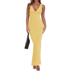 image:imageREORIA Womens Summer V Neck Sleeveless Wedding Guest Maxi Dress Sexy Mesh Bodycon Long DressesPopcorn