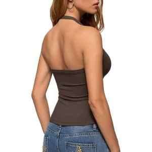 image:imageREORIA Womens Backless Ribbed Halter Tops for 2026 Slim Fitted Camisole Basic ShirtsCoffee
