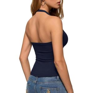 image:imageREORIA Womens Backless Ribbed Halter Tops for 2026 Slim Fitted Camisole Basic ShirtsDark Blue