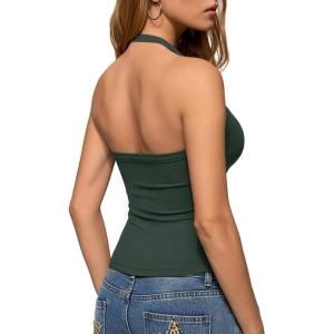 image:imageREORIA Womens Backless Ribbed Halter Tops for 2026 Slim Fitted Camisole Basic ShirtsDark Green