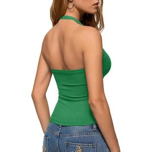 image:imageREORIA Womens Backless Ribbed Halter Tops for 2026 Slim Fitted Camisole Basic ShirtsGreen