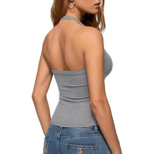 image:imageREORIA Womens Backless Ribbed Halter Tops for 2026 Slim Fitted Camisole Basic ShirtsGrey