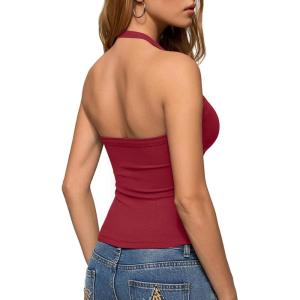 image:imageREORIA Womens Backless Ribbed Halter Tops for 2026 Slim Fitted Camisole Basic ShirtsRed