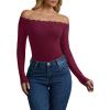 image:imageREORIA Womens Sexy Off The Shoulder Long Sleeve Bodysuit Lace Body Suits Going Out Tops Fall Outfit 2025Cordovan