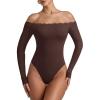image:imageREORIA Womens Sexy Off The Shoulder Long Sleeve Bodysuit Lace Body Suits Going Out Tops Fall Outfit 2025Chocolate