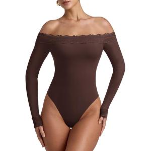 image:imageREORIA Womens Sexy Off The Shoulder Long Sleeve Bodysuit Lace Body Suits Going Out Tops Fall Outfit 2025Chocolate
