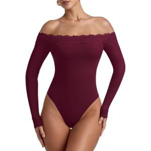 image:imageREORIA Womens Sexy Off The Shoulder Long Sleeve Bodysuit Lace Body Suits Going Out Tops Fall Outfit 2025Cordovan