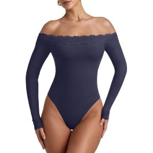 image:imageREORIA Womens Sexy Off The Shoulder Long Sleeve Bodysuit Lace Body Suits Going Out Tops Fall Outfit 2025Dark Denim