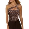 image:imageREORIA Womens Sexy One Shoulder Asymmetrical Leopard Print Mesh Ruched Backless Going Out Bodysuits TopsBrown Polka Dots