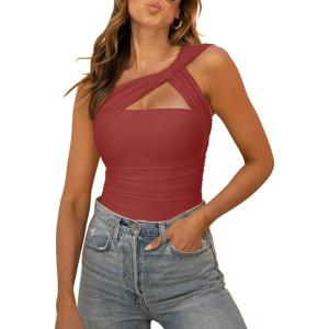 image:imageREORIA Womens Sexy One Shoulder Asymmetrical Leopard Print Mesh Ruched Backless Going Out Bodysuits TopsBaked Apple