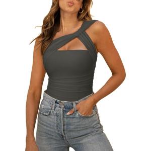 image:imageREORIA Womens Sexy One Shoulder Asymmetrical Leopard Print Mesh Ruched Backless Going Out Bodysuits TopsThyme